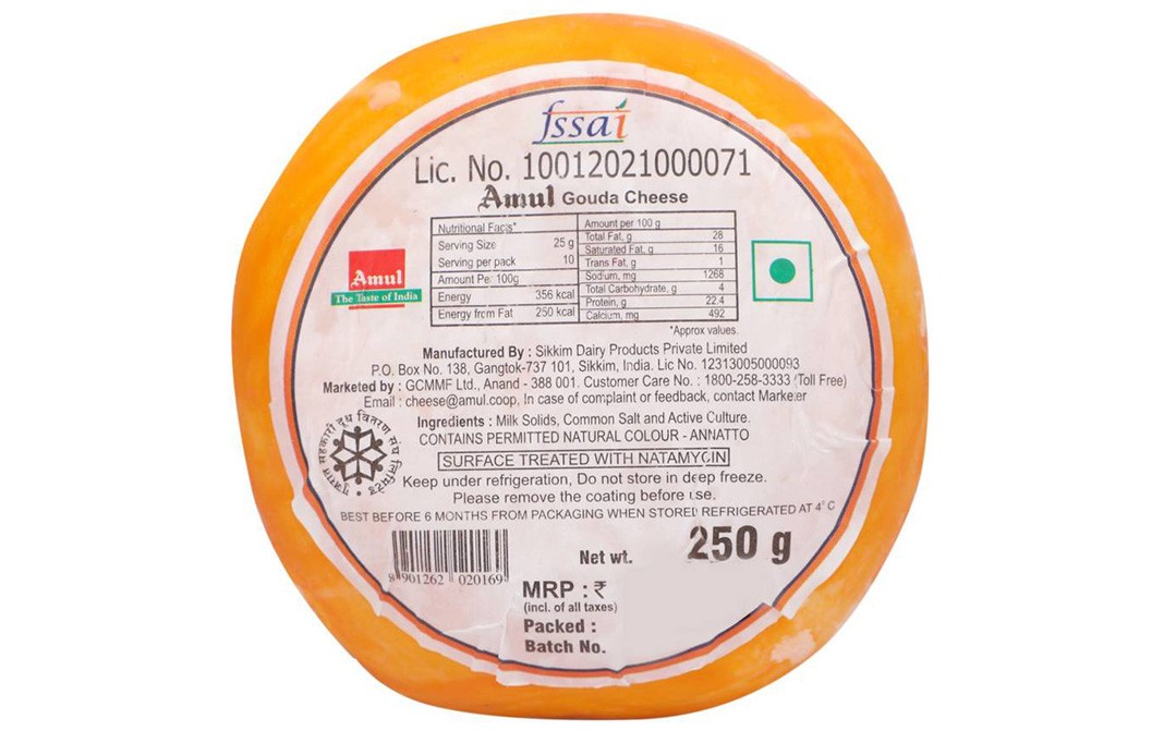 Amul Gouda Cheese Pure Natural Cheese   Pack  250 grams